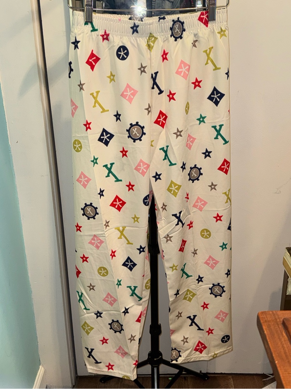 Multicolor Monogram Print Pajama Sleep Pants White Size Small